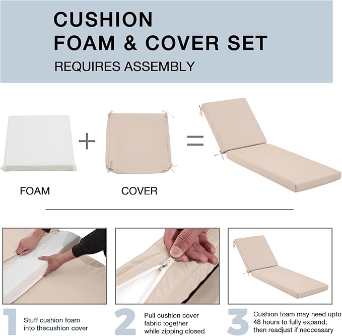 HOMREST 73.2x22.8x3.94 inches Otdoor Lounge Chair Cushion Set of 2,Pool Chaise Lounge Cushion with Splash Fade Tear Resistant Fabric,Beige
