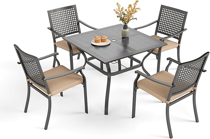 PHI VILLA 5 Pieces Outdoor Dining Set for 4, 37" Square Mesh-top Metal Table & Stackable Chairs with Cushions, Heavy-Duty Iron Furniture Set for Patio, Deck, Backyard, Porch