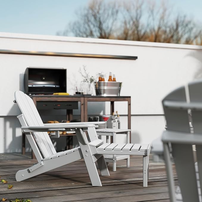 GREENVINES Adjustable Adirondack Chair with Retractable Ottoman Set of 2 | Folding | HDPE Plastic | Fire Pit Chairs w/Foot Rest | 2 Cup Holders | White | for Outdoor Patio Poolside Deck