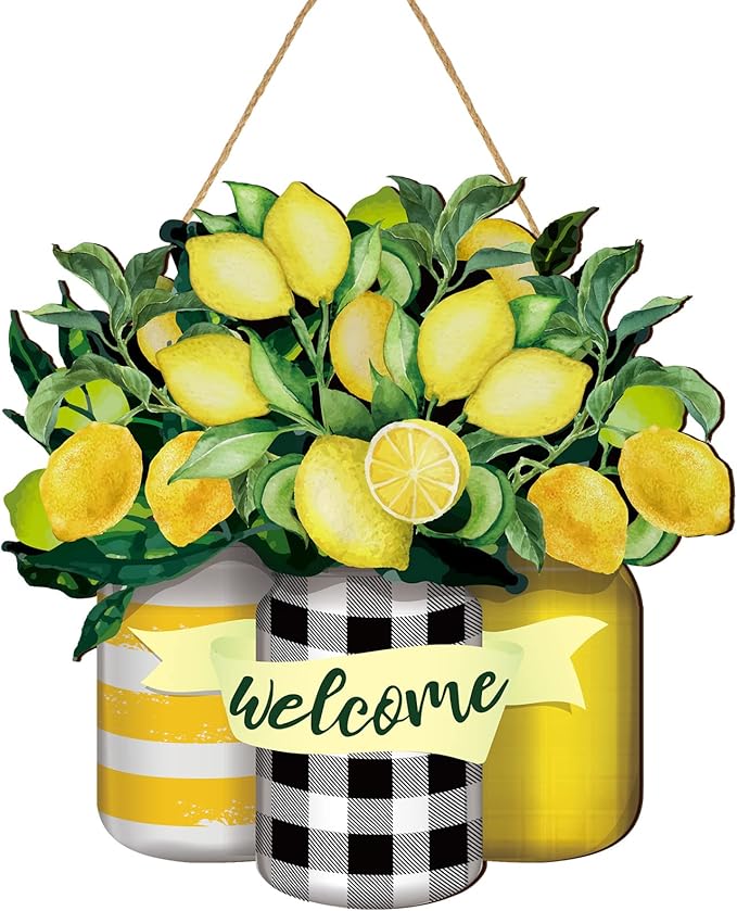 Karenhi Lemon Welcome Wooden Sign for Front Door Lemon Wooden Hanger Summer Door Sign Wood Spring Hanging Decorations Farmhouse Porch Decor for Outdoor Housewarming Gift