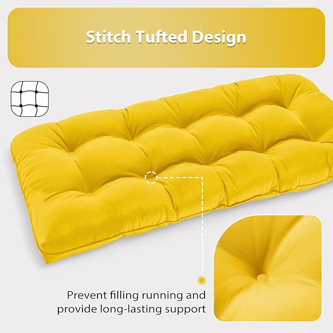 Tufted Bench Cushions for Outdoor Furniture, 44" x 19" Porch Swing Cushions Filled with Foam, Overstuffed Patio Cushions for Bench Loveseat with 2-3 Seats,Thick and Water Resistant, Yellow