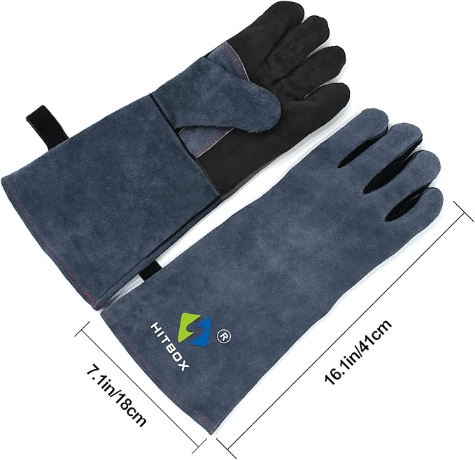 HITBOX Extreme Heat & Fire Resistant Gloves with Kevlar Stitching 16 ‘’ 932℉ Leather Fire Gloves for Arc Tig Mig Wood Stove Oven BBQ Grill Pot Holder Barking Animal Handling – Free Size for Men Women
