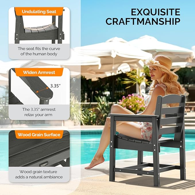 VINGLI Outdoor Patio Dining Chairs, HDPE Plastic Outdoor Patio Chairs All-Weather Durable Garden Seating for Yard, Outside, Poolside, Deck, Porch (Grey, 1 PCS)