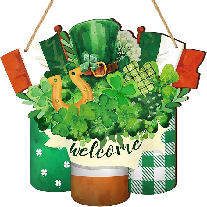 Karenhi Wooden St. Patrick's Day Decoration Shamrock Clover Welcome Wooden Door Sign Irish Door Hanger Spring Summer Hanging Decorations Farmhouse Porch Decor for Home Outdoor Housewarming