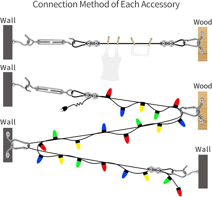 String Lights Hanging Kit,Globe String Lights Suspension Kit,Outdoor Light Guide Wire,Includ 164 FT Nylon-Coated Stainless Steel Wire Rope Cable,Turnbuckle and Hooks,Enough Accessories,Use Manual