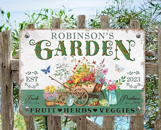 Custom Metal Signs with Name Made in USA Personalized Vintage Garden Sign Waterproof Vintage Decorative Metal Print for Wall Decor Customized Home Garden Ideas Gifts Artwork Prints for Yard Ourdoor