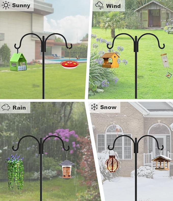 Artibear Double Shepherd Hooks for Outdoor, 76" Heavy Duty Bird Feeder Hangers Garden Hooks with 5-Prong Base, Outside Hanging Pole for Plant Baskets, Solar Light Lanterns, Wind Chimes, 2 Pack