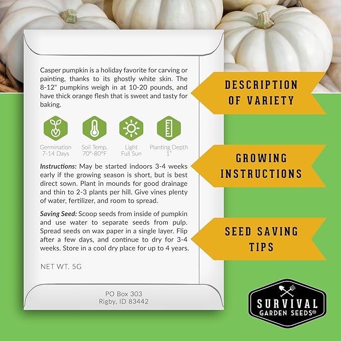 Pumpkin Seeds 4 Variety Pack for Planting – Small Sugar, Jack O’ Lantern, Fairytale & Casper Heirloom Non-GMO Pumpkin Seed Collection | Survival Garden Seeds