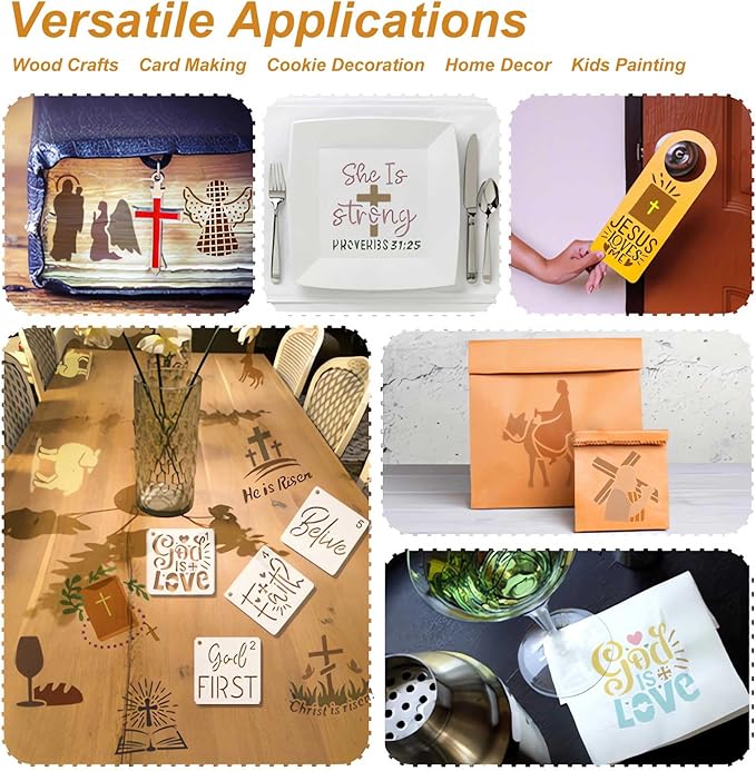 Christian Stencils for Painting, 64PCS 3x3 Inch Plastic Bible Stencils for Crafts Reusable, with Cross, Jesus, Angel & Bible Verse Designs, for DIY Wood Signs, Journaling, Card Making & Projects