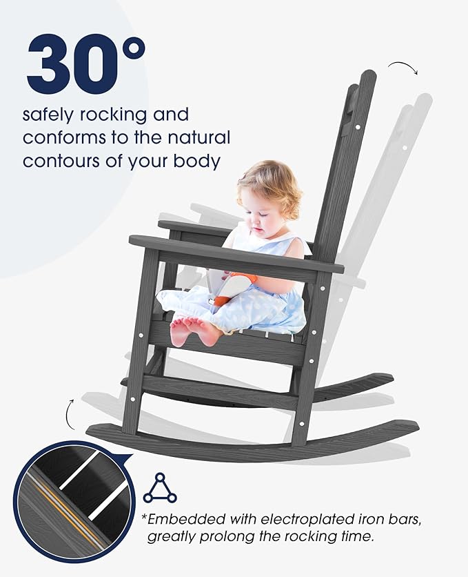 KINGYES Outdoor Rocking Chair, All-Weather Patio Rocking Chairs for Porch, HDPE Rocking Outdoor Chairs with High Back for Adult, Heavy Duty Outdoor Patio Rockers for Garden, Lawn, Gray