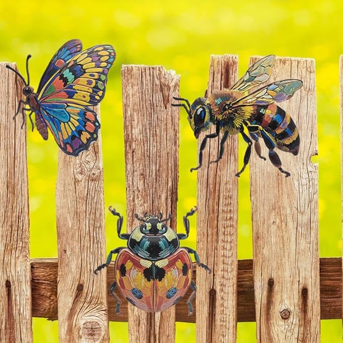 ZZHMASPLAY 3Pcs Bee Ladybug Butterfly Metal Wall Decor,9.84" Outdoor Hanging Wall Art Sculptures Decoration for Room Fence Garden Yard Patio Balcony