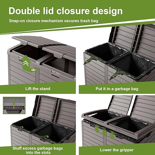 62 Gallon Outdoor Double Trash Can, Waterproof Trash Can Cabinet for Outside, Resin Garbage Bin with Lid and Drip Tray for Easy Cleaning for Patios, Kitchens, and Outdoor Entertaining（Light Gray）