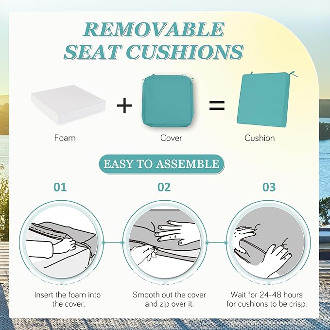 Waterproof Outdoor Chair Cushions Set of 2, Square Outdoor Seat Cushions with Ties and Removable Covers, 24 x 24 Outdoor Cushions for Patio Furniture with Portable Handle(Teal)