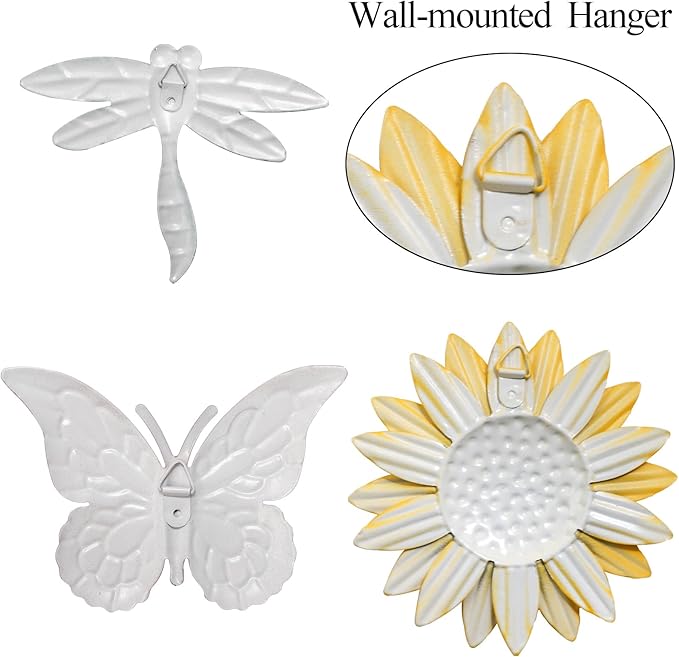 9 Pack Metal Sunflowers Wall Decor, Garden Flower Wall Art Decorations, Outdoor Butterfly Dragonfly Hanging Patio Decor, Yard Floral Fence Sculptures for Indoor Outside Living Room Bedroom