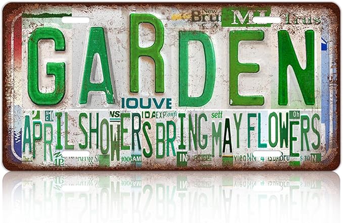 Vintage Garden Metal Tin Sign License Plate Wall Decor for Garden Lover 12 x 6 Inches - april showers bring may flowers