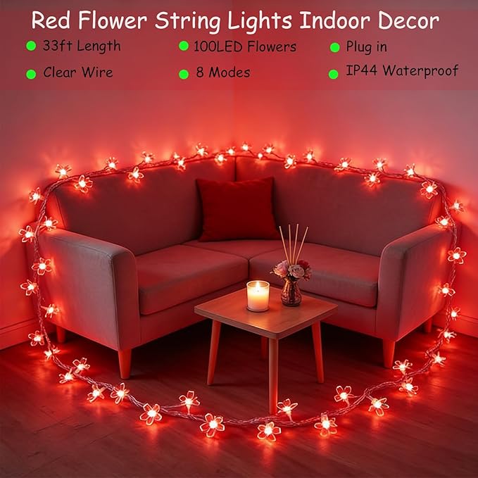 100 LED Red Cherry Blossom Flowrer String Lights, 33 FT Plug in Fairy Floral Lamp with 8 Modes, Flexible Clear Wire for Bedroom Balcony Patio, Valentine's Day Christmas Indoor Outdoor Decorations