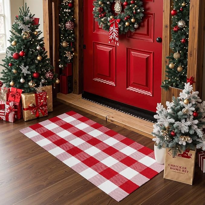 MUBIN Red White Plaid Plaid Rug 2x4 ft Outdoor Buffalo Checked Rug Halloween Christmas Decor Cotton Reversible Hand-Woven Indoor Washable Front Porch Rugs for Layered Front Door Mats