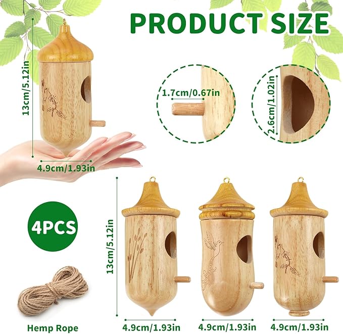 NOVWANG 4 PCS Hummingbird House Solid Wood with Hemp Rope, Outdoor Hanging Bird Watching House Bird House for Gardening Gifts Home Decoration