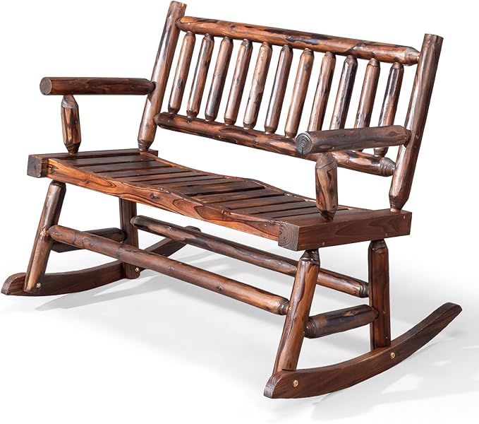 VINGLI Fir Wood Double Rocking Chair for Porch & Garden - 550lb Capacity Weather-Resistant Outdoor Glider Bench with High Backrest, Patio Rocker for Couples Backyard, Deck, Rustic
