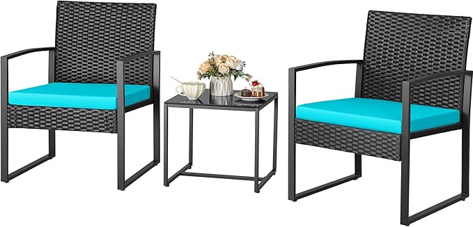 Greesum 3 Piece Wicker Conversation Bistro Sets Outdoor Patio Set Modern Rattan Chair Furniture Sets with Coffee Table for Yard Garden Porch Lawn (Blue)