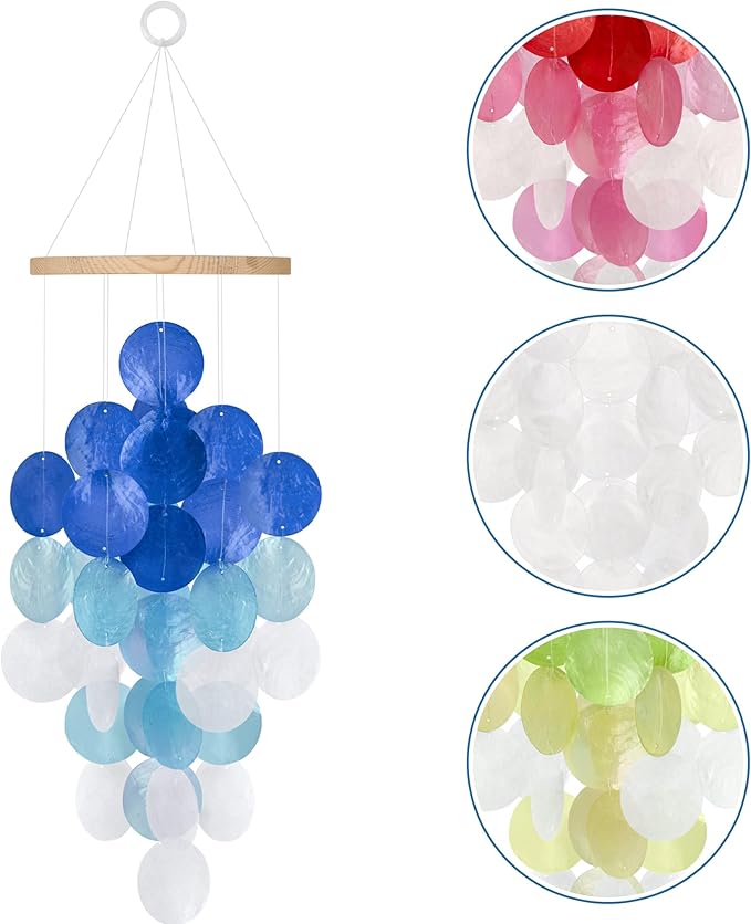 Wind Chimes for Outside, Handcrafted Blue Gradient Capiz Shells Windchime Coastal Style Decor for Indoor/Outdoors, Garden Decors, Great Gift for Women, Beach Hanging Decor, Wind Chimes Lovers