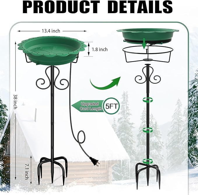 Heated Bird Baths for Outdoors, 100W Heated Birdbath Bowl for Outdoors for Winter with 5-Prong Metal Base Thermostat Control, Heated Bird Bath for Outside Winter Garden Patio Yard Lawn (Green)