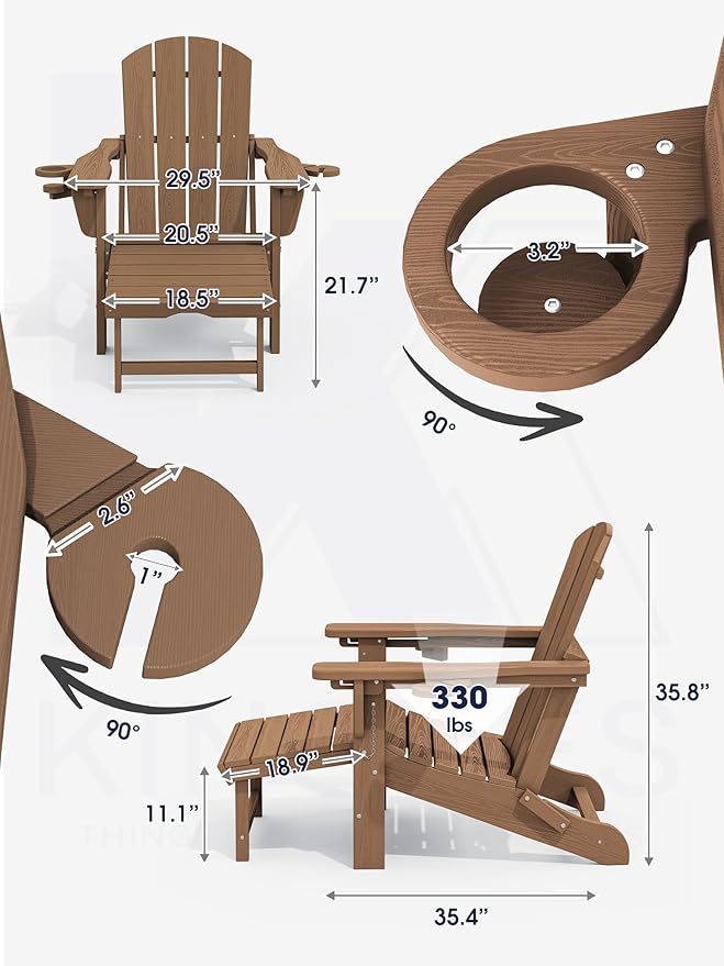 KINGYES Folding Adjustable Adirondack Chair with Ottoman & 2 Cup Holders Set of 2, HDPE Adirondack Recliner Chair with Footrest, Brown