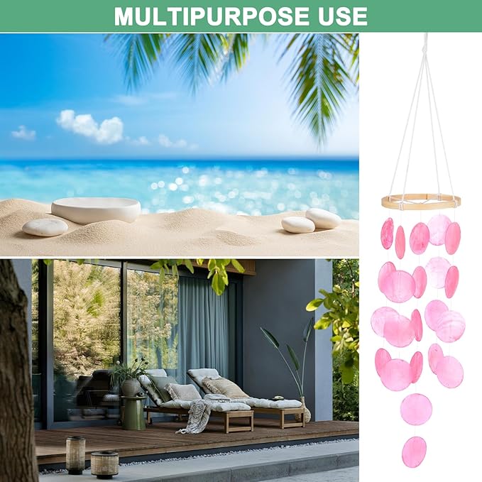 Shell Wind Chime for Outside, Seashell Wind Chime Sea Glass Shell Wind Chime for Outside/Patio/Garden/Porch Decor, Handcrafted Wind Chime [Pink]