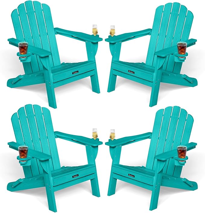 Adirondack Chairs Set of 4, HDPE Material Fire Pit Chairs, Plastic Adirondack Chairs with 2 Cup Holder, Outdoor Lawn Chair for Patio Garden, Lake Blue