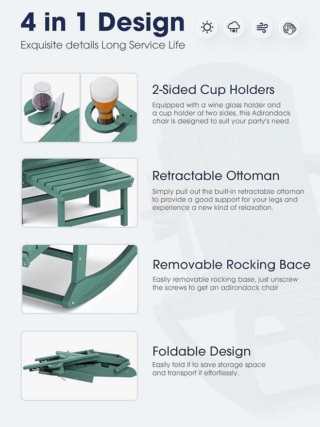 KINGYES Adirondack Rocking Chair with Retractable Ottoman and Cup Holders, HDPE Adirondack Rocker Patio Rocking Chair for Porch, Patio, Balcony, Leaf Green