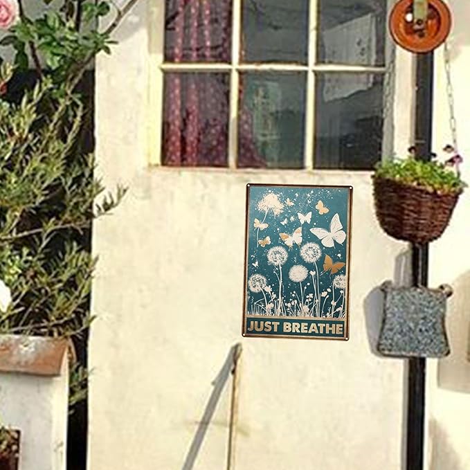Vintage Garden Metal Tin Signs Dandelion Butterfly Just Breathe Funny Tin Sign Rustic Indoor Outdoor Wall Decor for Home Garden Yard Farmhouse Greenhouse Patio Porch Bar 12×16 Inch