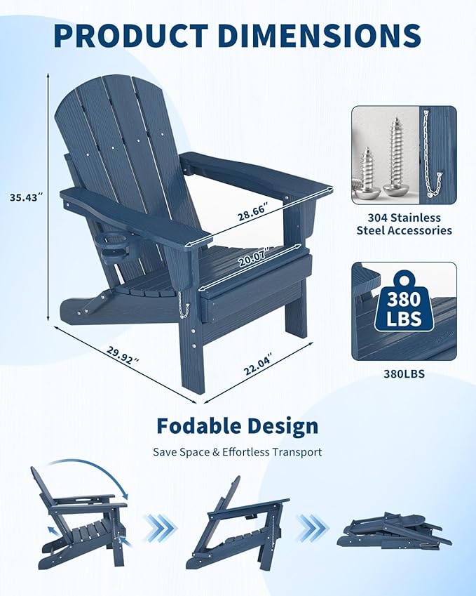 Folding Adirondack Chair Set of 4 with Ottoman, All-Weather HDPE Outdoor Chair, Wooden Textured with Cup Holder for patios, Decks, Gardens, fire pits, Navy Blue