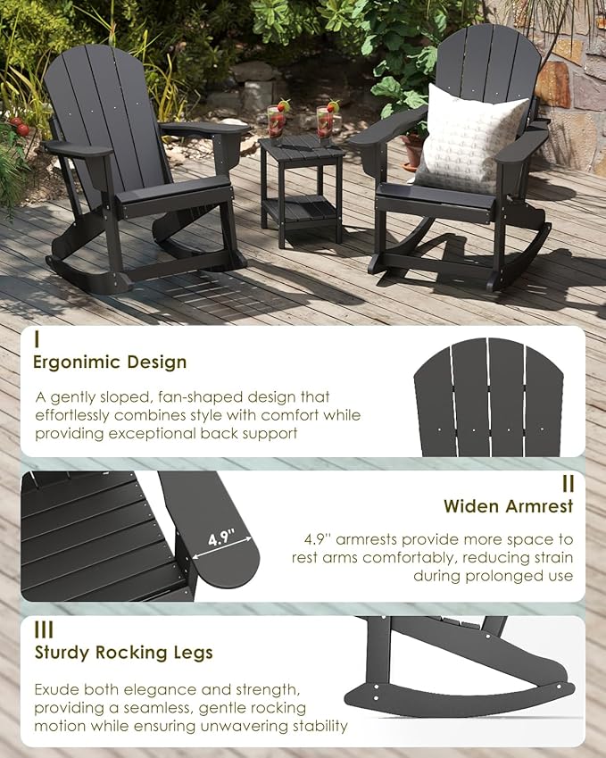 GREENVINES Adirondack Rocking Chairs Set of 4 | HDPE Plastic | Porch Rocker | Chair for Patio Outdoor Deck | All Weather | Black