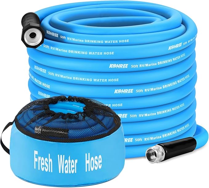 Kohree 50FT RV Water Hose with Storage Bag, 5/8'' Drinking Water Hose, No Odor, Leak Free, Heavy Duty, No Kink and Flexible Garden Hose 50 ft, Ideal RV Accessories for RV, Camper, Garden - Blue