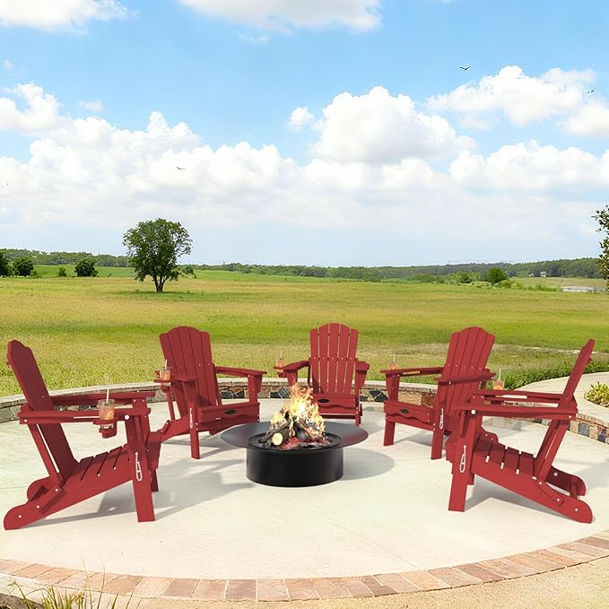 Folding Adirondack Chair Set of 4,HDPE All-Weather Outdoor Chair with Cup Holder,Wooden Textured,Fire Pit Chair,Plastic Patio Chair for Deck,Backyard,Garden,Lawn(Red)