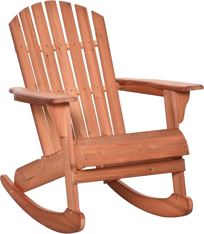 Outsunny Wooden Adirondack Rocking Chair Outdoor Lounge Chair Fire Pit Seating with Slatted Wooden Design, Fanned Back, & Classic Rustic Style for Patio, Backyard, Garden, Lawn, Teak