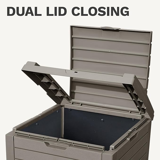 DWVO 38 Gallon Outdoor Trash Can with Lid & Drip Tray, Waterproof Hideaway Garbage Bin, Waste Container for Patio, Backyard, Deck, Garden, Easy Assembly & Clean (Taupe)