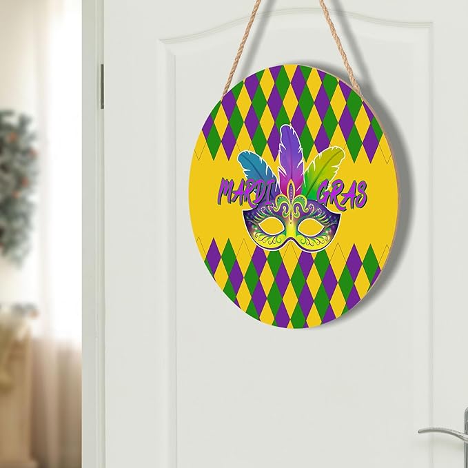 Mardi Gras Crawfish Door Sign For Front Door Decor,Purple Yellow Green Diamond Wooden Sign 12"x 12" Round Wood Hanging Door Sign Decoration for Wall Rustic Farmhouse Decor