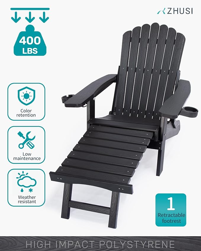 ZHUSI Folding Adirondack Chairs Set of 6 with Retractable Ottoman, Adjustable Adirondack Chair with 2 Cup Holders, Outdoor Chairs for Porch Patio Lawn Balcony Weather Resistant, Black