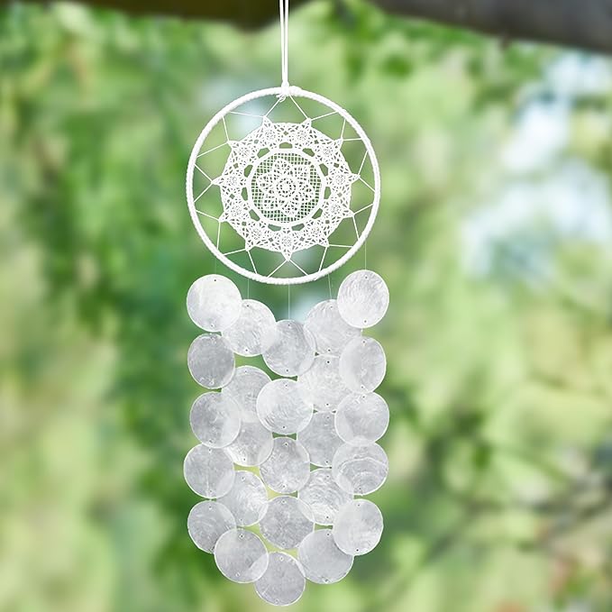 Handmade Capiz Wind Chimes for Outside, Outdoor Seashell Hanging Beach Coast Ocean Home Decorative, Unique Natural Shell Waterfall Windchimes for Summer Patio, Great Memorial Sympathy Gift（White