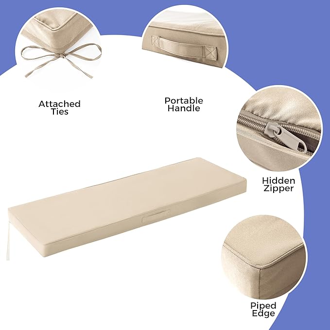 Outdoor Bench Cushions for Outdoor Furniture, 42x18x3 Inch, Waterproof Bench Pillow, Fade Resistant Long Bench Seat Pads for Garden, Indoor, Porch Swing, Beige