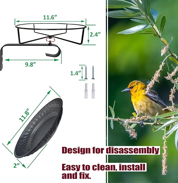Wall Mounted Bird Feeder Tray,11.8" Stainless Steel Large Fence Tree Mount Birds Feeder for Outside Wild Birds, Table Mountable Platform Bird Feeder Mesh Seed Tray with Hanging Hook