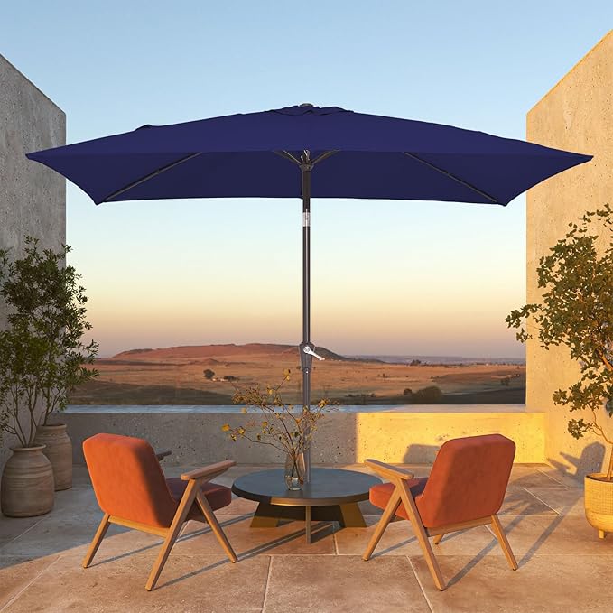 JEAREY 6.5x10 ft Rectangular Patio Umbrellas Outdoor Market Umbrella with Push Button Tilt and Crank, Rectangle Table Umbrellas 6 Sturdy Ribs UV Protection for Pool Garden Backyard Deck, Dark Blue