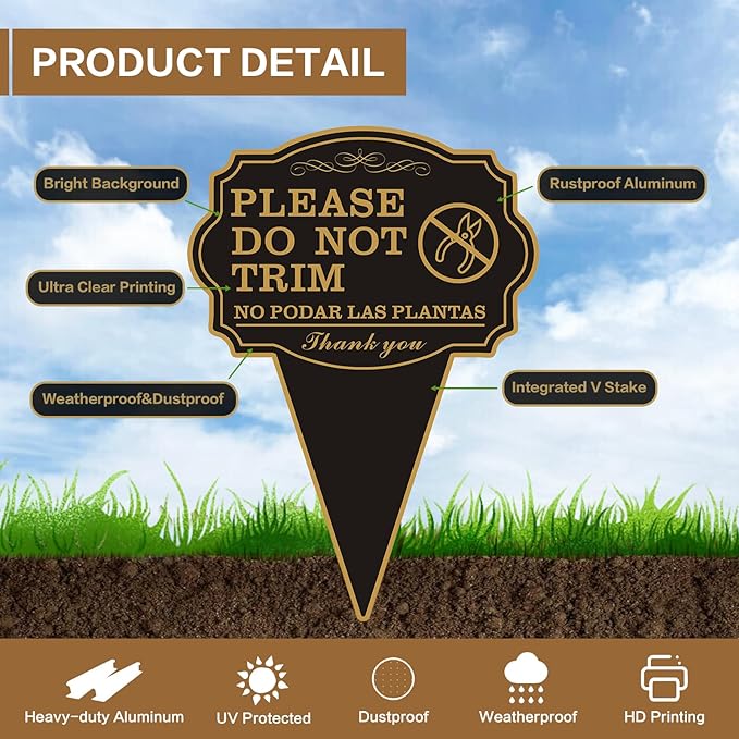 Double Sided Yard Sign, Do Not Trim / NO PODAR LAS PLANTAS Garden Sign for Lawn, 10"x14" Bilingual English and Spanish Warning Sign with Stake, Rust-Free Metal, Weatherproof UV Printed for Outdoor Use (DO NOT TRIM-1PACK)