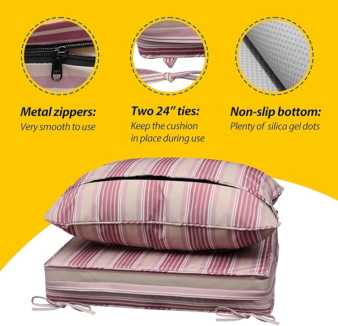 AAAAAcessories Outdoor Seat Cushions for Chairs, Fade-Resistant, Waterproof Patio Furniture Replacement Cushions, 21" x 21" x 3" + 21" x 17", Dusty Rose Garden Stripe
