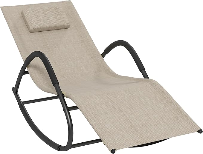 Outsunny Rocking Chair, Zero Gravity Patio Chaise Sun Lounger, Outdoor Rocker, UV Water Resistant, Pillow for Sunbathing, Lawn, Garden or Pool, Light Brown