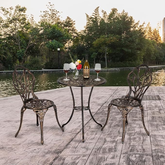 VINGLI 3 PCS Outdoor Bistro Set, Outdoor Patio Set, All-Weather Cast Aluminum Bistro Table Set, Bistro Table and Chairs Set of 2 for Backyard, Garden, Balcony (Bronze, Tulip)