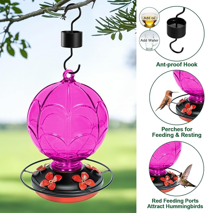 26 OZ Glass Hummingbird Feeder for Outdoors Hanging - Hand-Blown Hot Air Balloon Design - Leak-Proof & Ant Moat - Garden Decor Gift for Mom, Purple