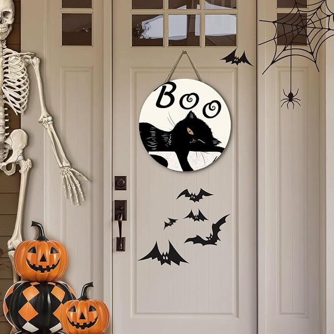 Halloween Black Cat Signs for Front Door Boo Wooden Door Hanger Scary Holiday Hanging Decorations for Wall Porch Outdoor