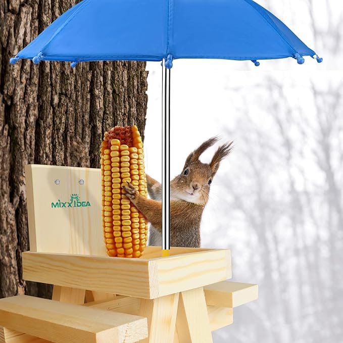 MIXXIDEA Squirrel Feeder Table with Umbrella, Wooden Squirrel Picnic Table Feeder, Sturdy Squirrel Feeder Corn Cob Holder, with Solid Structure and 2 x Thick Benches(Blue)